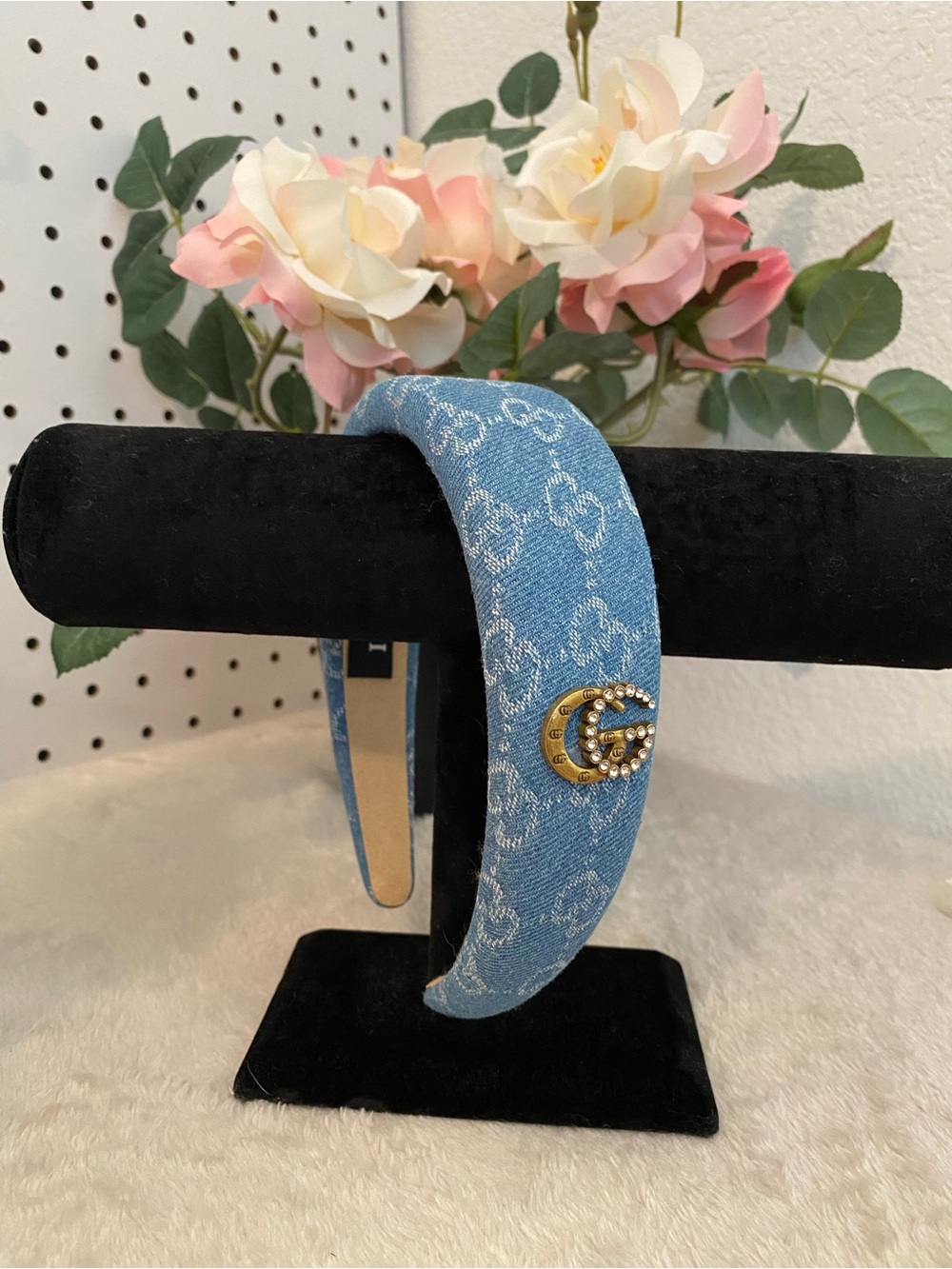 Designer Blue Denim Headband with stone -Embellished Logo Accent